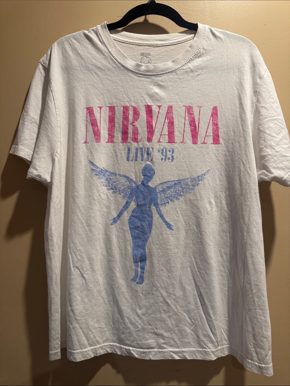 NIRVANA White Tee with Pink Logo & Blue Angel Graphic